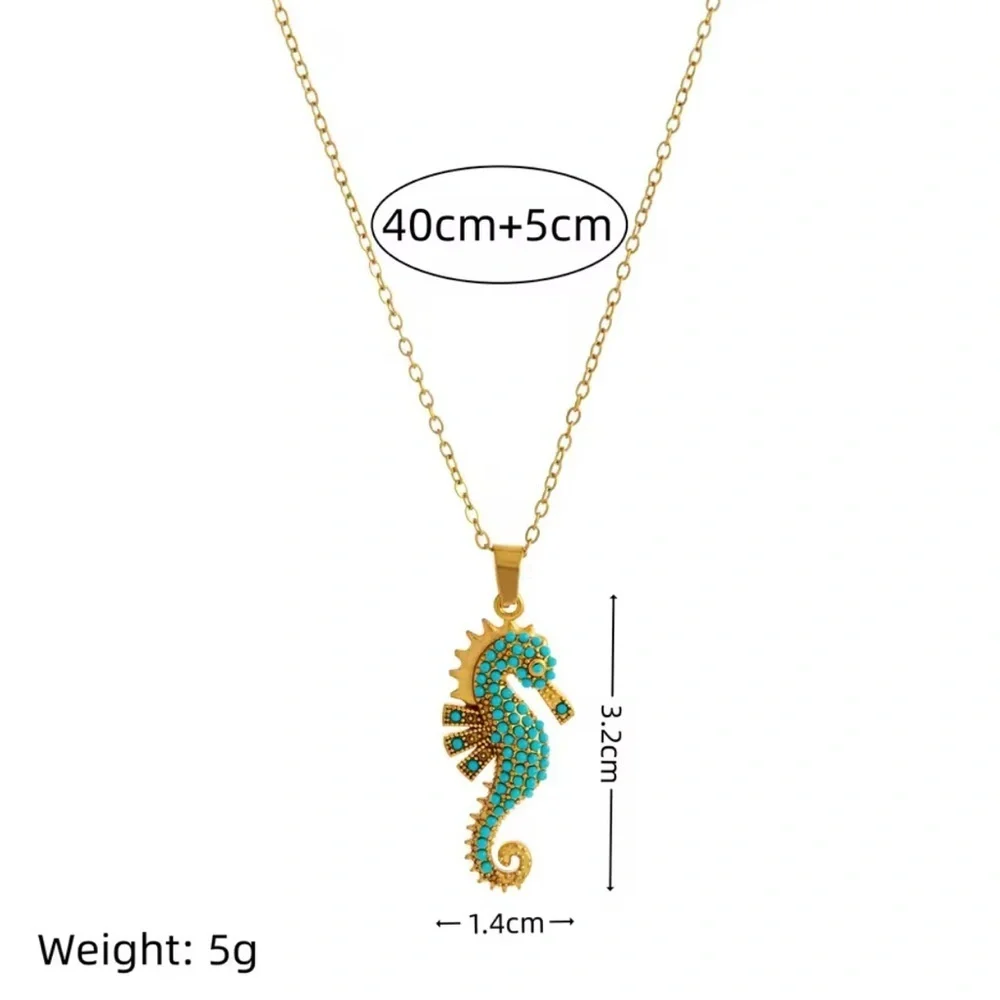 18K Gold Seahorse Micro Pave Turquoise Gemstones Bohemian Minimalist Nautical